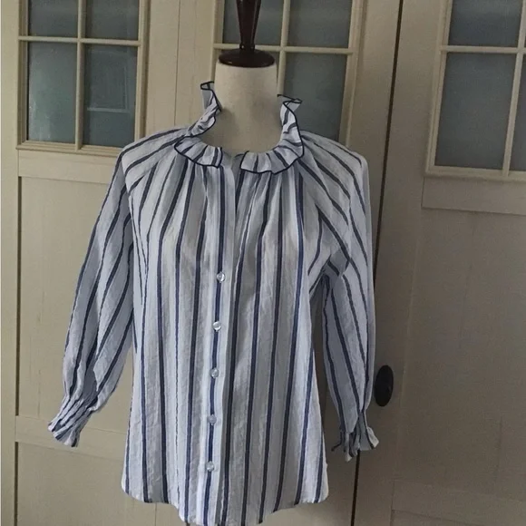 Finley Fiona Ruffle High Neck Blouse Blue/White Striped XS 100% Cotton - Picture 3 of 10